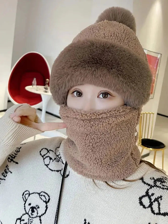 Women’s Winter Beanie Hat with Scarf | Fuzzy Faux Fur | Windproof & Warm