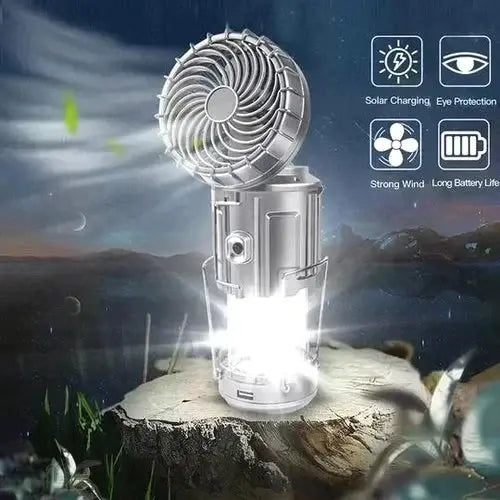 Camping Lantern with Fan & Power Bank | Solar & Rechargeable LED Light | Portable Outdoor Gear