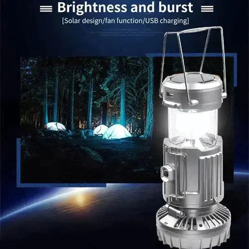 Camping Lantern with Fan & Power Bank | Solar & Rechargeable LED Light | Portable Outdoor Gear