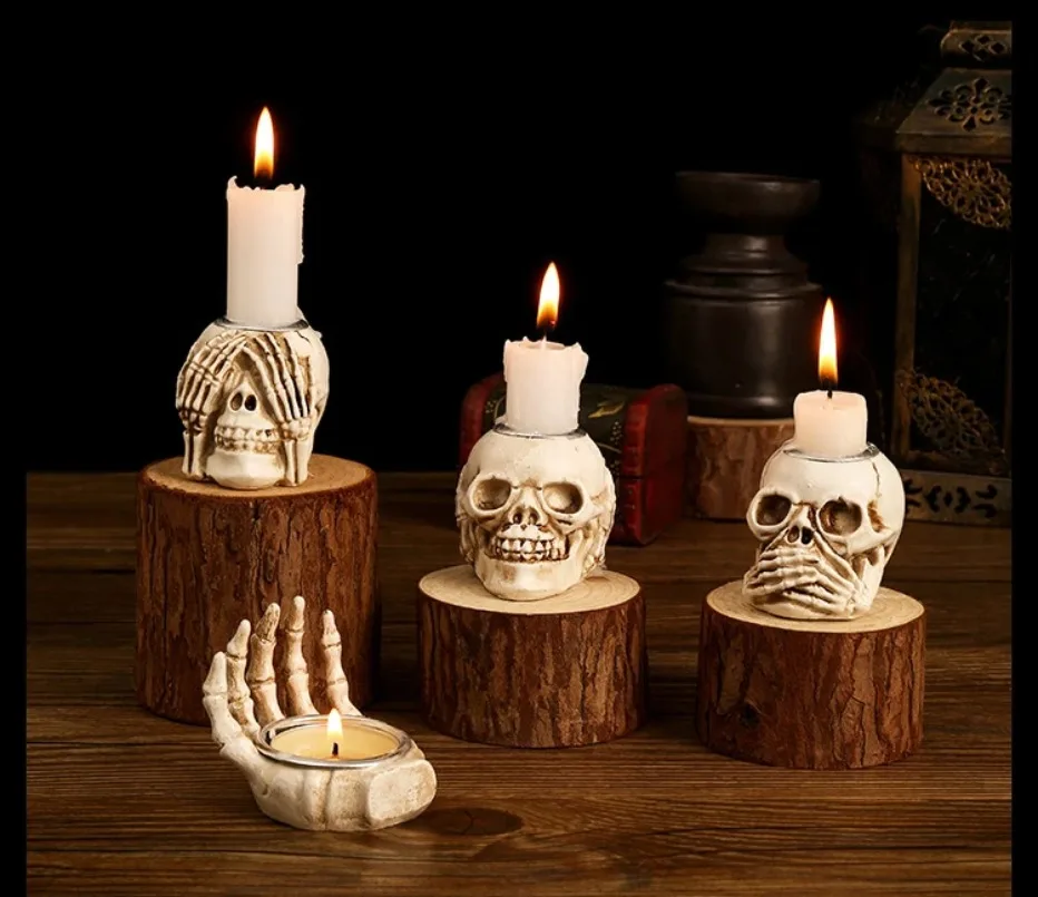 GothicGlow™ 3pc Halloween Skull Candle Holder Set