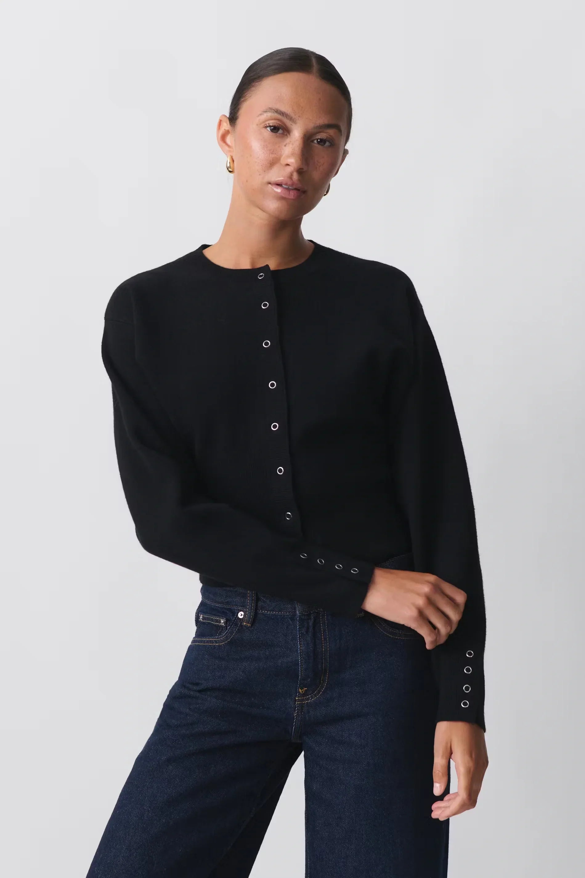 Women’s Button-Down Cardigan | Straight Fit | Elegant Cuff Detail | Soft Stretch Knit