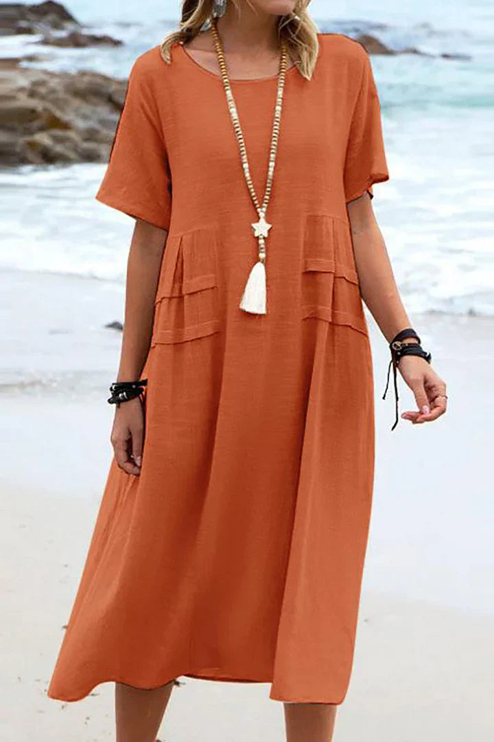 Avencea | Women's Casual Dress with Short Sleeves and Round Neckline - Modern, Loose Midi Dress Made of Cotton-Linen, Perfect for Weekends, Beach, and Everyday Wear