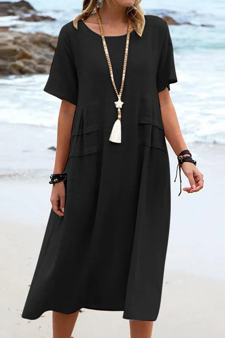 Avencea | Women's Casual Dress with Short Sleeves and Round Neckline - Modern, Loose Midi Dress Made of Cotton-Linen, Perfect for Weekends, Beach, and Everyday Wear