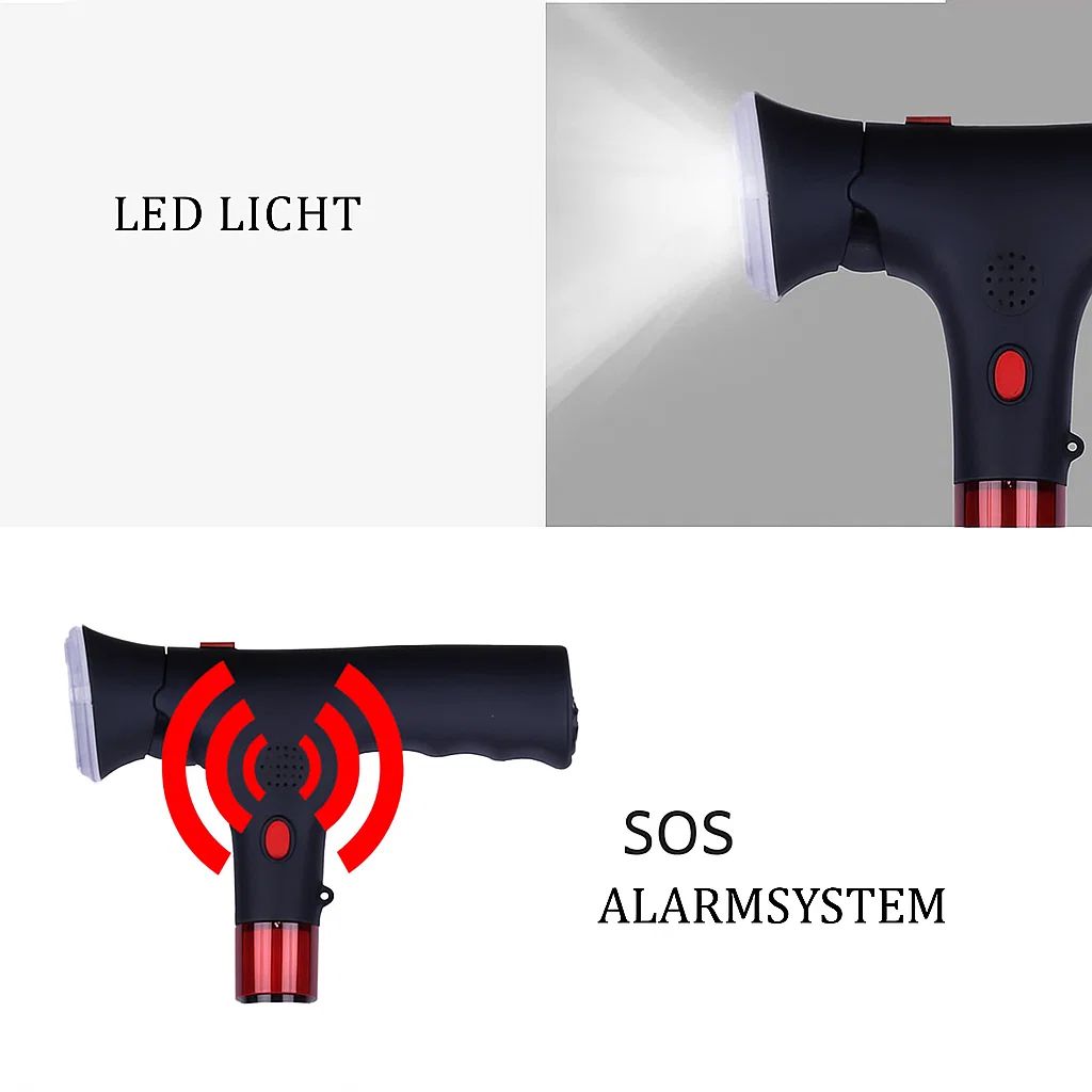 Foldable Walking Cane with LED Light | Height Adjustable | Anti-Slip Base | Alarm Function | Lightweight Aluminum