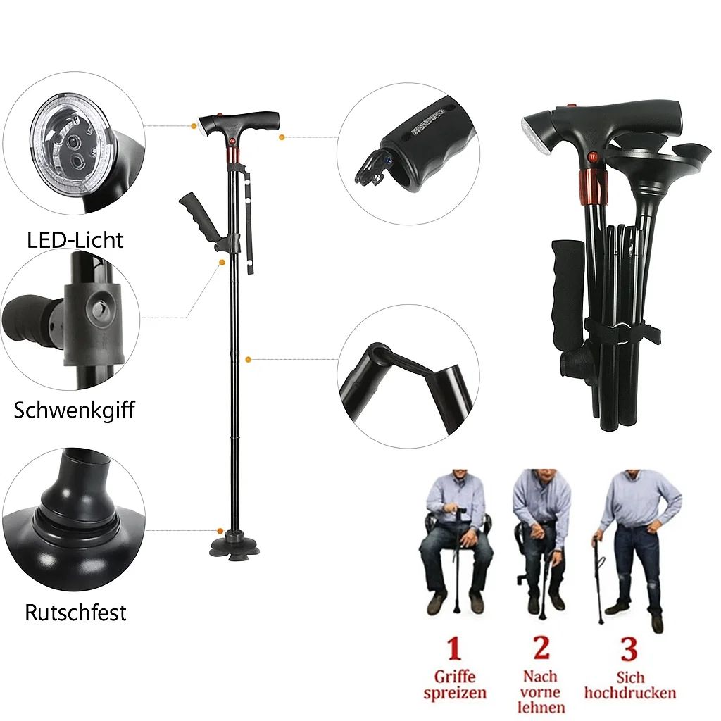 Foldable Walking Cane with LED Light | Height Adjustable | Anti-Slip Base | Alarm Function | Lightweight Aluminum