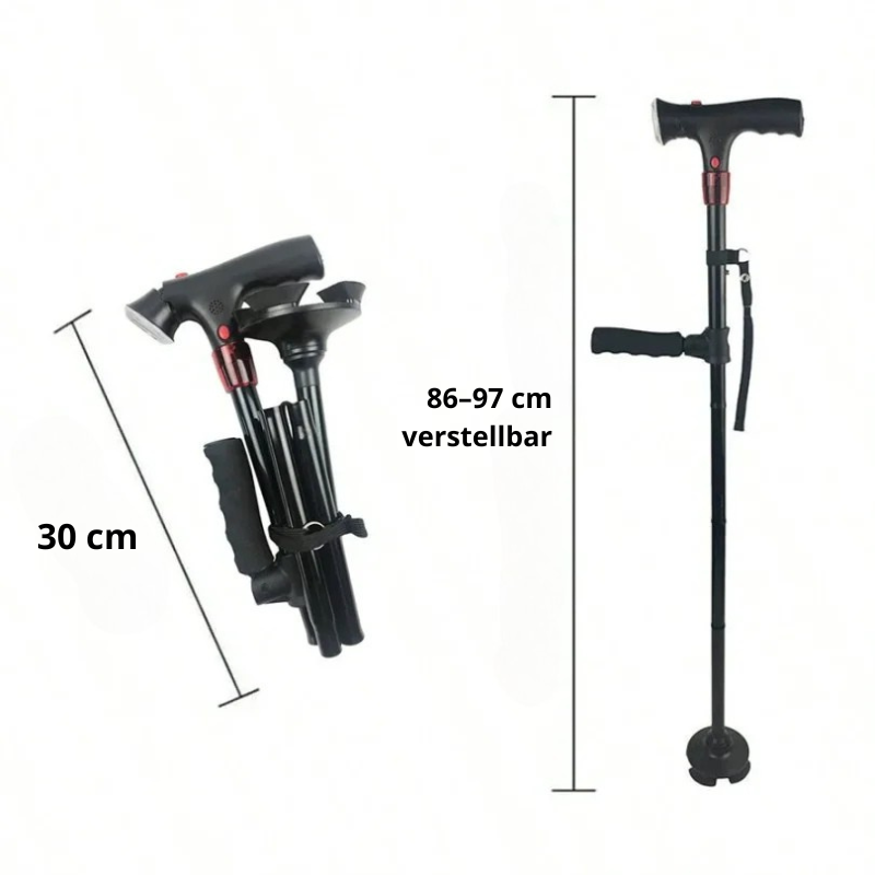 Foldable Walking Cane with LED Light | Height Adjustable | Anti-Slip Base | Alarm Function | Lightweight Aluminum