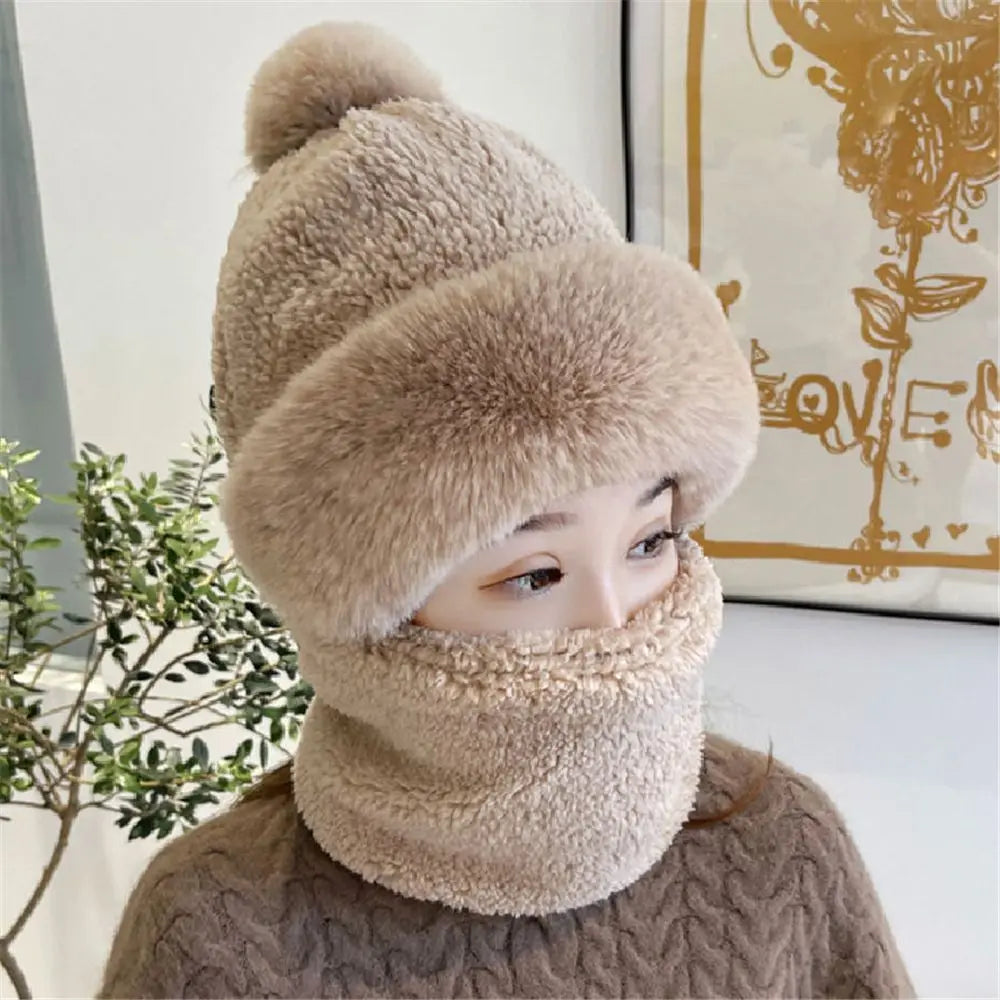 Women’s Winter Beanie Hat with Scarf | Fuzzy Faux Fur | Windproof & Warm