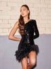 Heidi-Mode One Shoulder Glitter Dress with Feathers