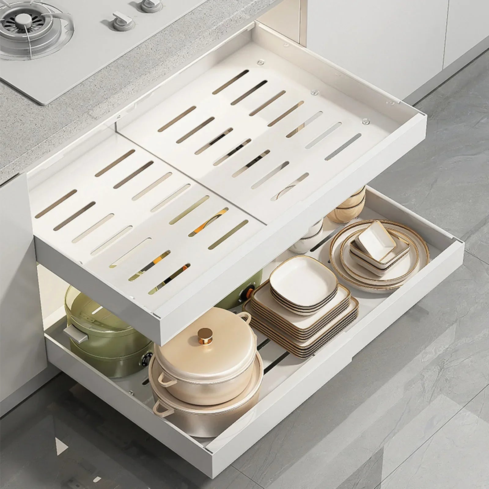Kitchen Cabinet Organizer Shelf | Extendable Carbon Steel Rack with Sliding Drawer