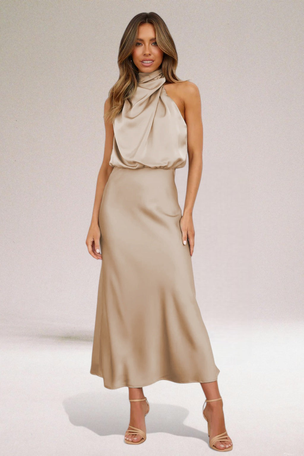 Aveline – Elegant Satin Halter Maxi Dress for Women