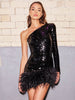 Heidi-Mode One Shoulder Glitter Dress with Feathers