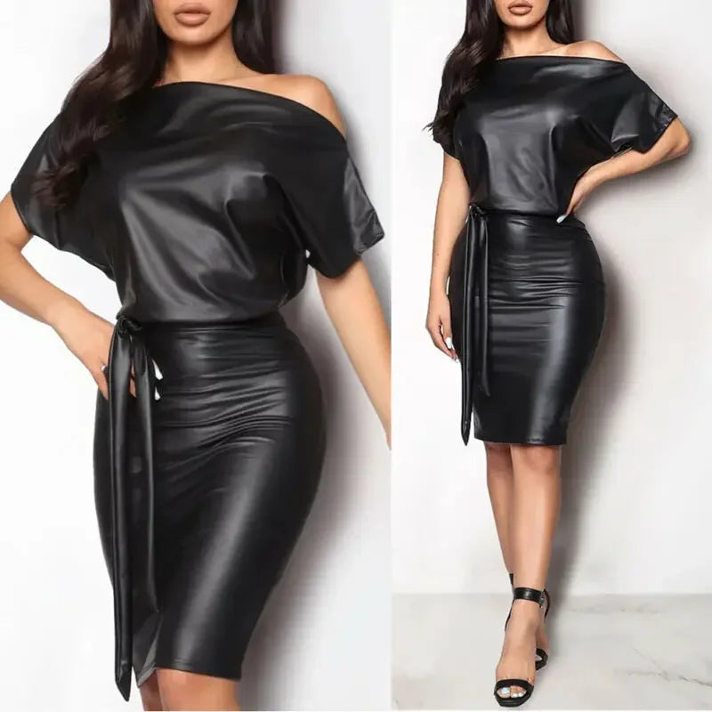 Off-the-shoulder dress made of faux leather