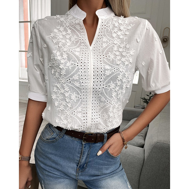 BellaVita™ – White Women's Blouse with Stylish Puff Sleeves