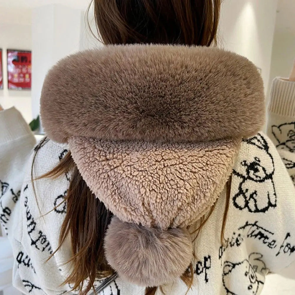 Women’s Winter Beanie Hat with Scarf | Fuzzy Faux Fur | Windproof & Warm