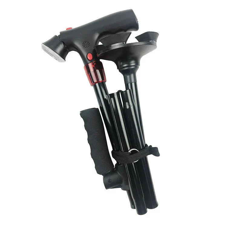 Foldable Walking Cane with LED Light | Height Adjustable | Anti-Slip Base | Alarm Function | Lightweight Aluminum