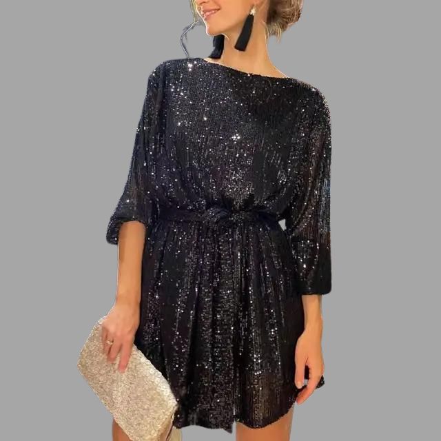 Sequin Mini Dress with Pleated Waist and Wide Sleeves