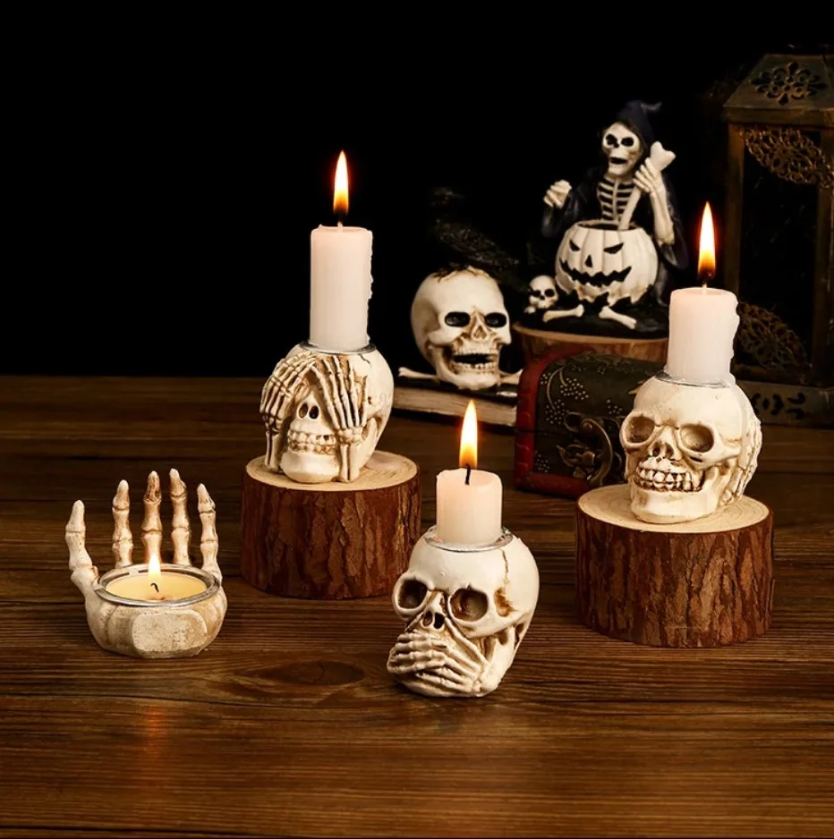 GothicGlow™ 3pc Halloween Skull Candle Holder Set