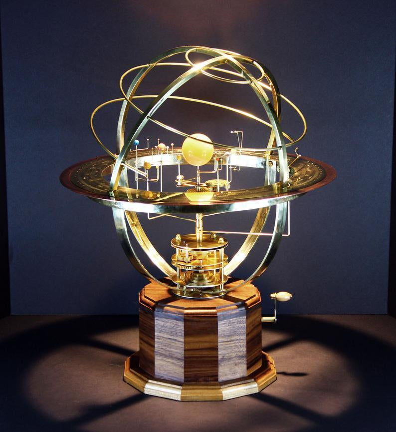 Solar System Model | Brass Gear Mechanism with 9 Planets & 28 Moons | Oak & Stone Educational Display