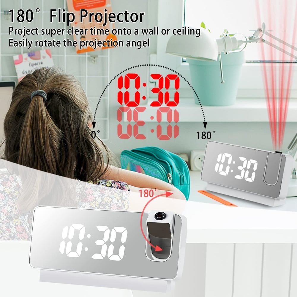 Projection Alarm Clock | LED Display with Mirror Surface | Dual Alarms & Temperature | 19cm