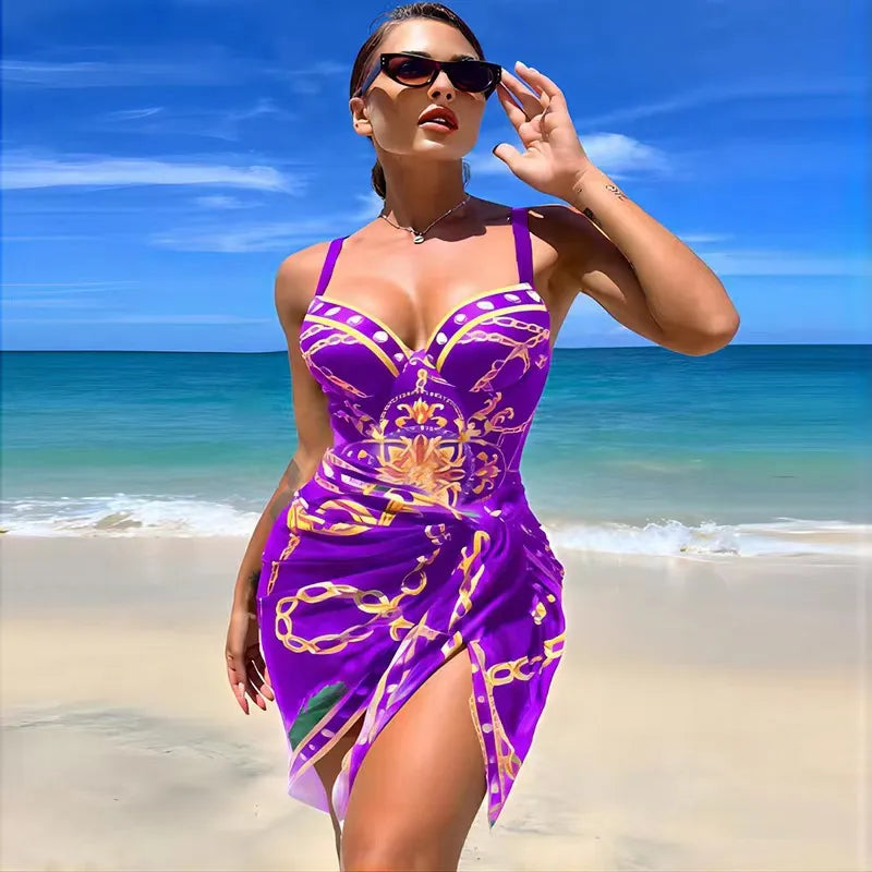 Avencea | Sexy One-Piece Push-Up Swimsuit with Chain Pattern and Beach Skirt