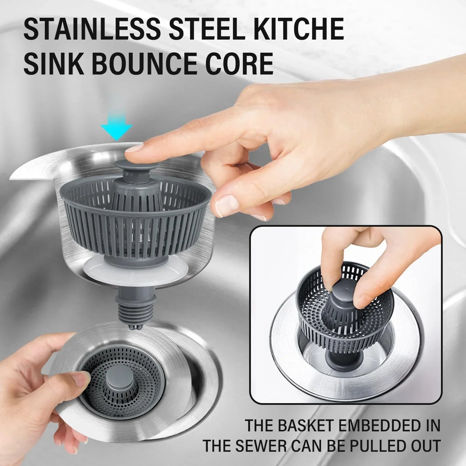 Drain Strainer & Stopper | 304 Stainless Steel + ABS | Anti-Clog Basket | Fits Standard Kitchen Sinks