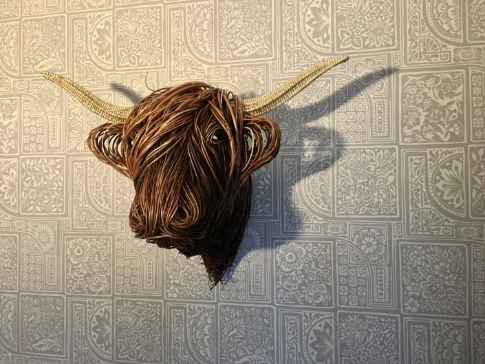 Hand-Woven Wall Art Sculpture | Highland Cattle Design | Rustic Handmade Home Decor | 11.8 × 8.6 in
