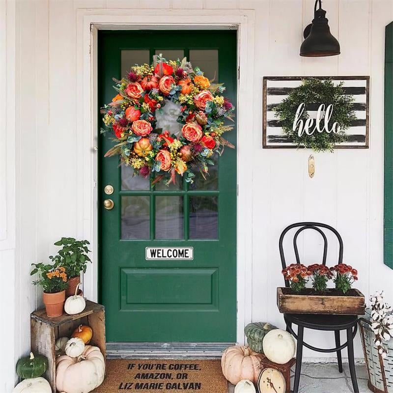 Autumn Door Wreath | Rustic Peony & Pumpkin Design | Handcrafted Fall Decoration