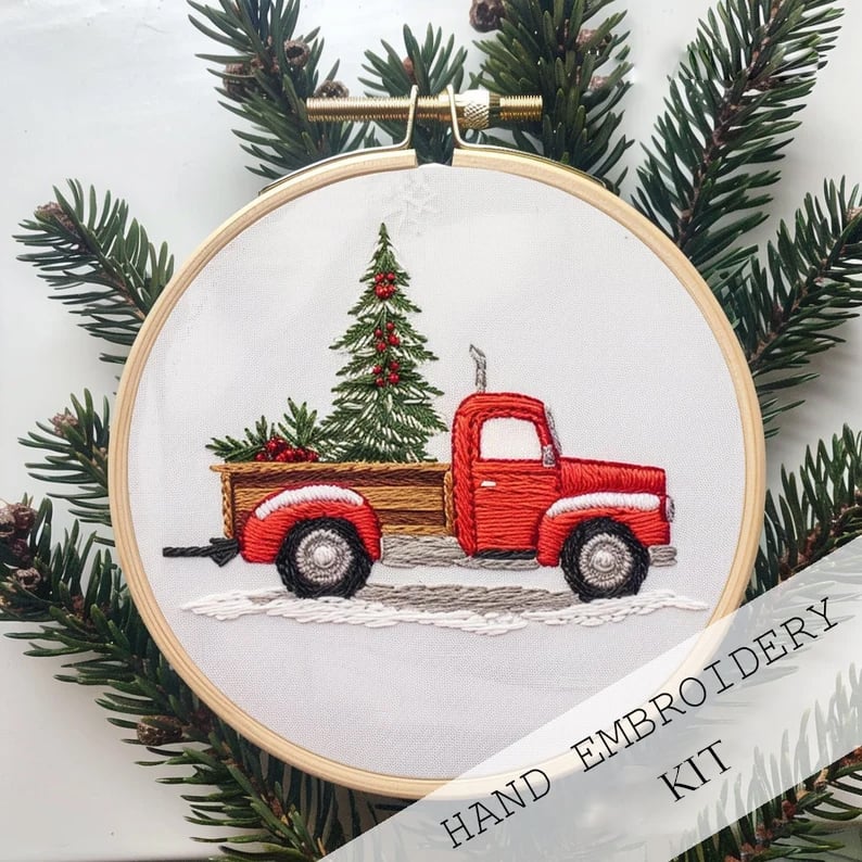 Christmas Embroidery Kit | Winter Snowy Village Pattern | Beginner Craft Set with Hoop & Threads
