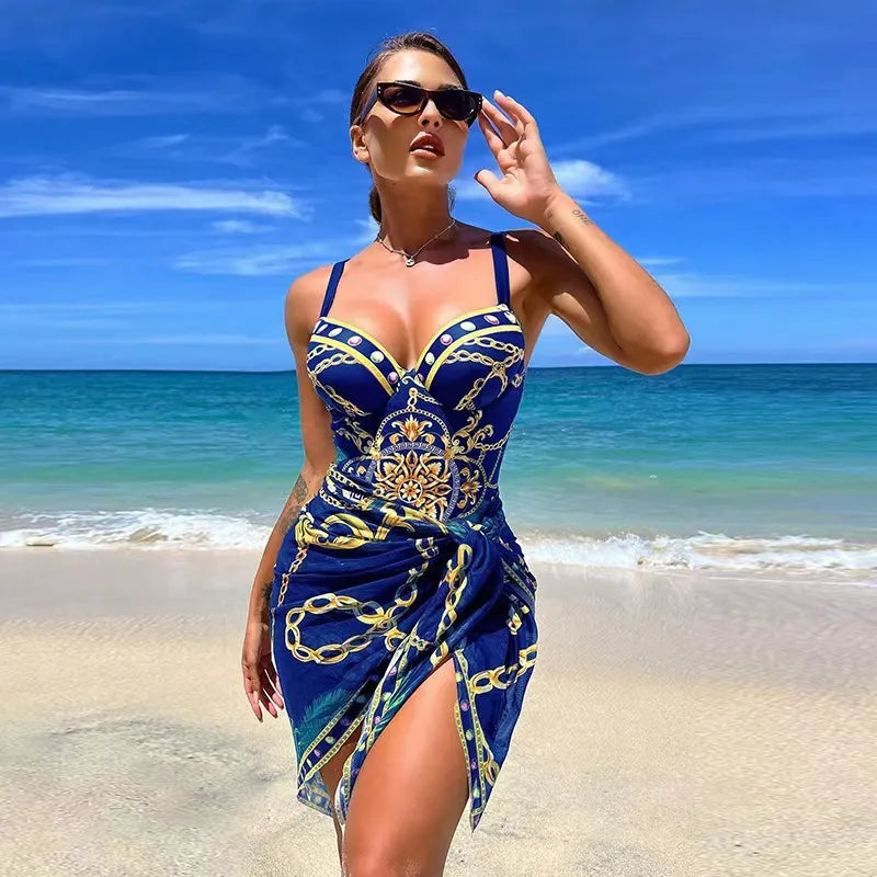Avencea | Sexy One-Piece Push-Up Swimsuit with Chain Pattern and Beach Skirt