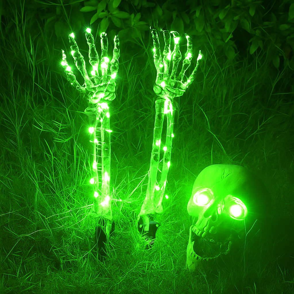 Halloween Yard Decoration | Light-Up Skull & Skeleton Arms | 8-Mode LED Outdoor Prop