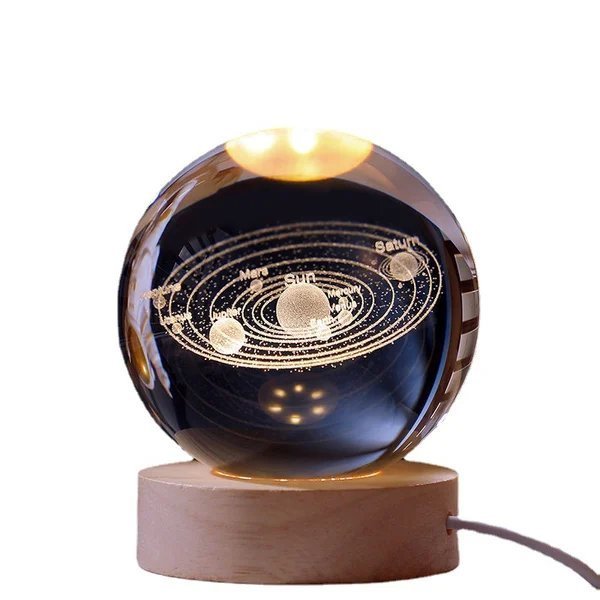 3D Solar System Crystal Ball | Laser Engraved | Educational Gift with LED Base Option