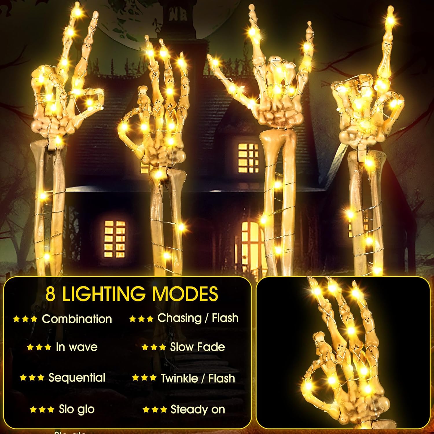 Halloween Yard Decoration | Light-Up Skull & Skeleton Arms | 8-Mode LED Outdoor Prop