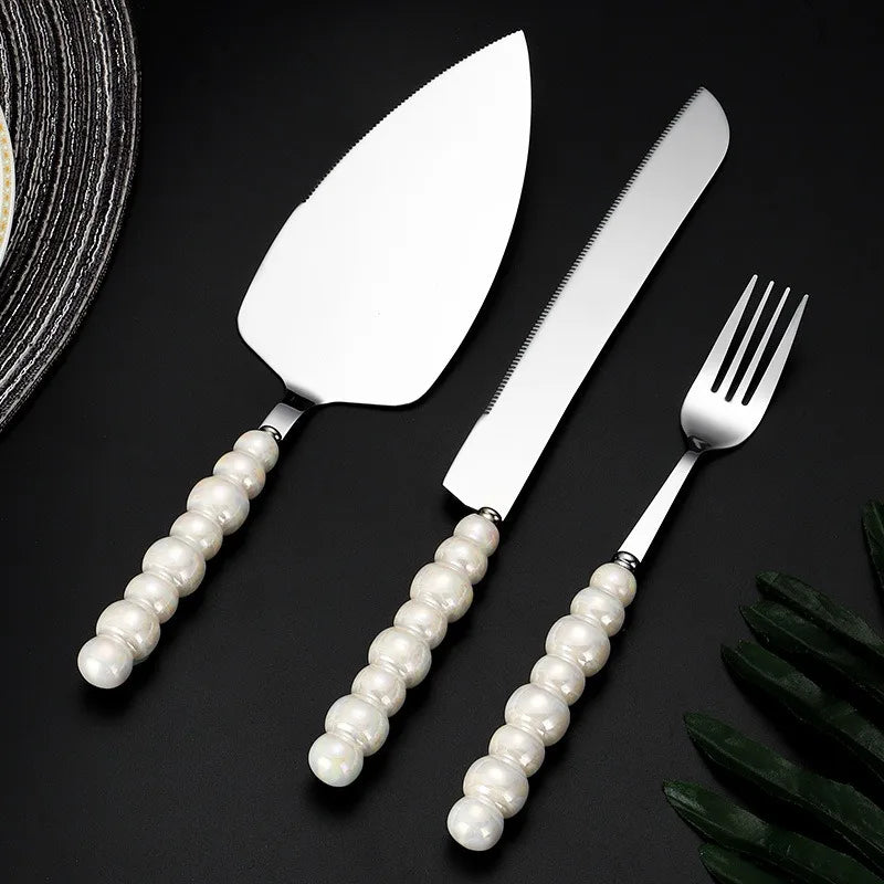 Creative Pearl Ceramic Handle Cake Knife and Spatula Set Stainless Steel