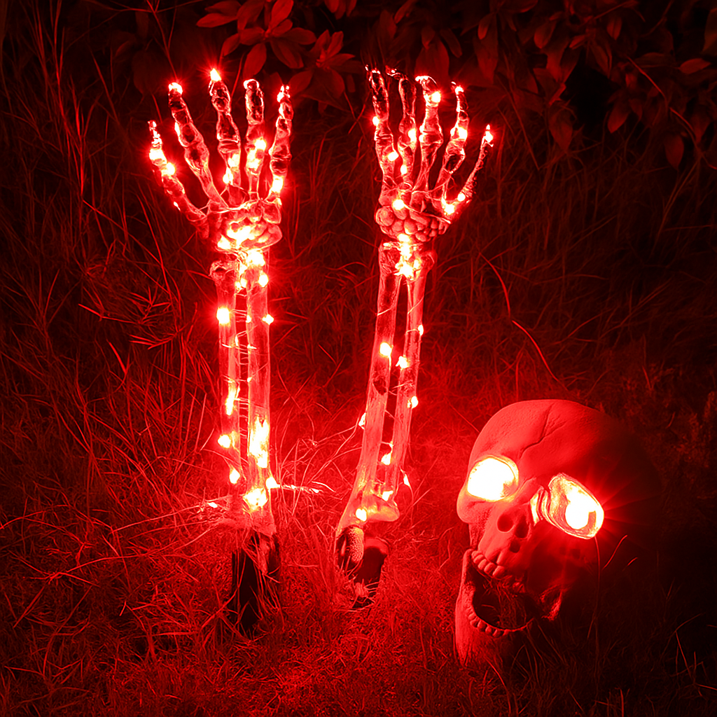 Halloween Yard Decoration | Light-Up Skull & Skeleton Arms | 8-Mode LED Outdoor Prop