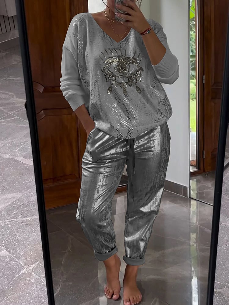 Women’s Two-Piece Outfit | V-Neck Long Sleeve Top & Glitter Pants Set | Spring/Summer