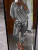 Women’s Two-Piece Outfit | V-Neck Long Sleeve Top & Glitter Pants Set | Spring/Summer