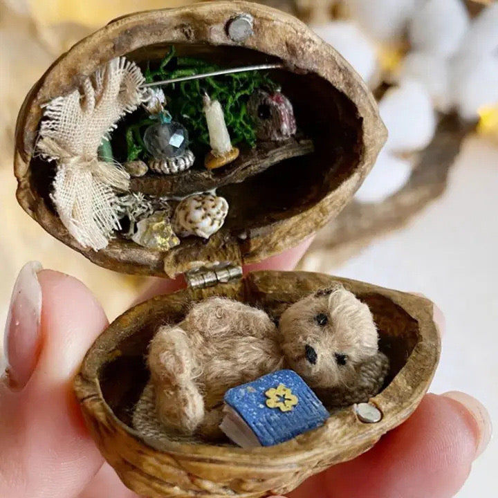 Miniature Walnut House Ornament | Handmade Gift | Clay & Wood Details with Light-Up Design