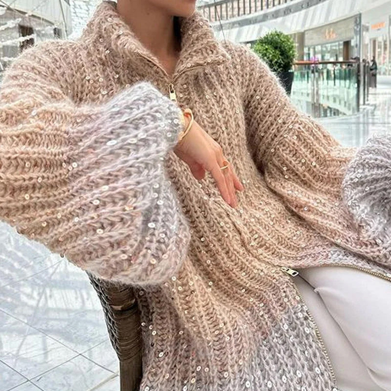 Women’s Knitted Sweater Jacket | Subtle Sequin Detail | Lightweight Soft Fabric | Beige or Sky Blue