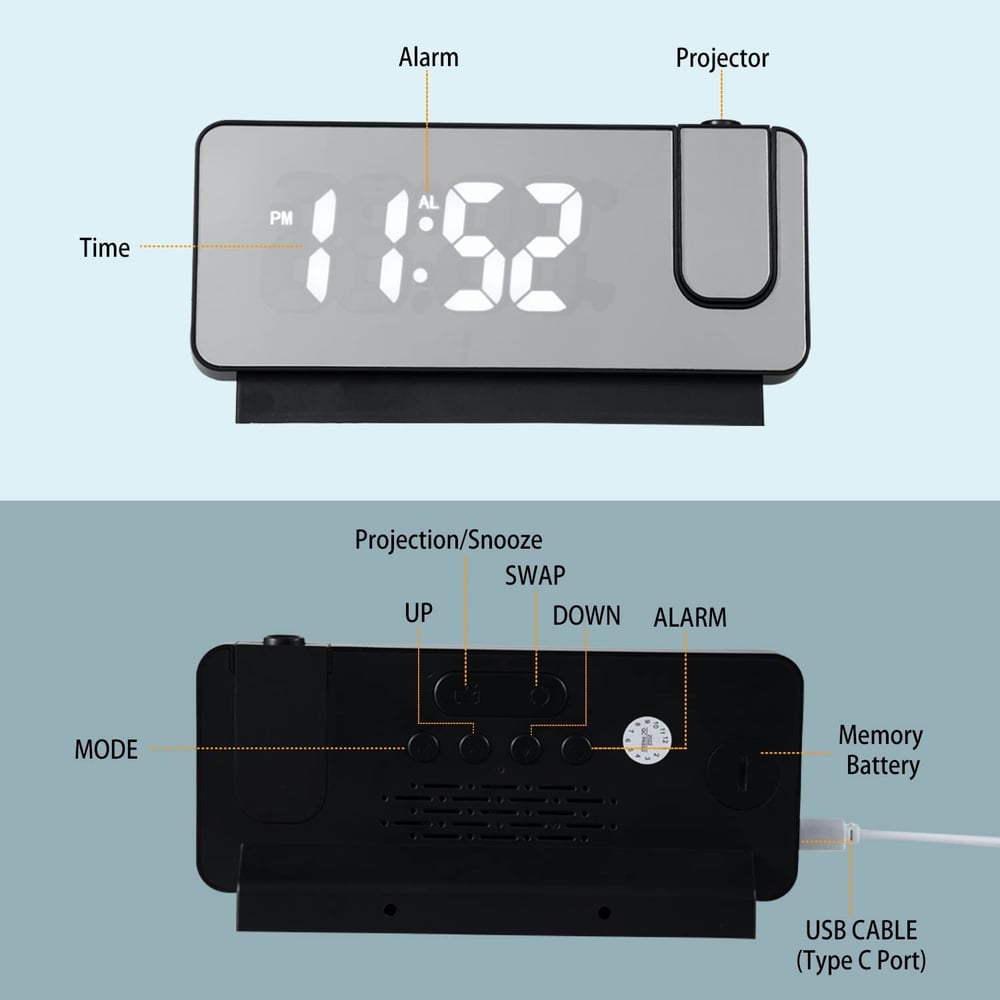 Projection Alarm Clock | LED Display with Mirror Surface | Dual Alarms & Temperature | 19cm