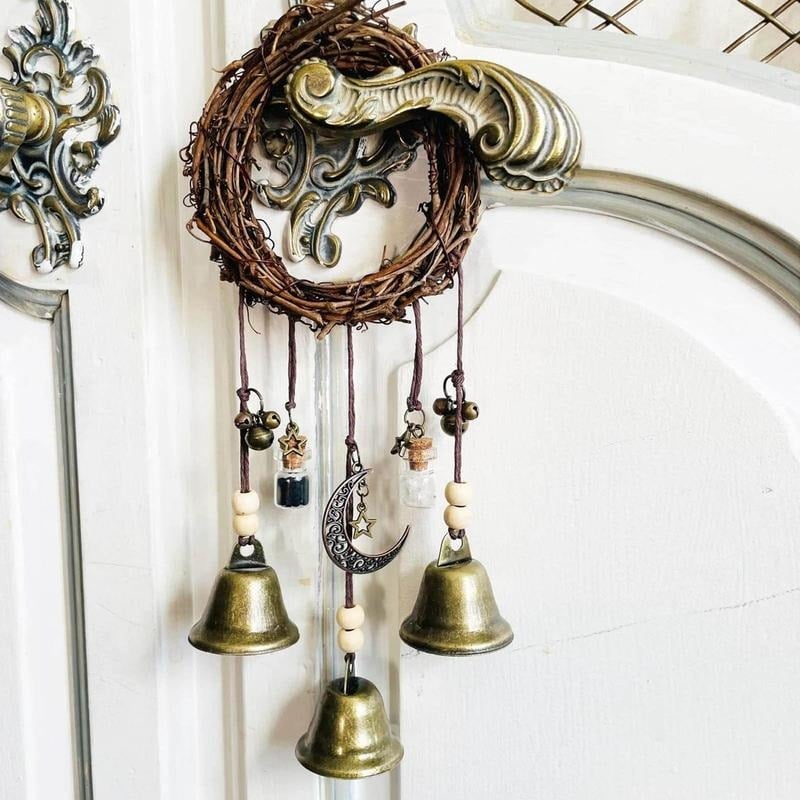 Witch Bell Hanging Decor | Boho Rustic Design | Rattan & Metal | 11.8 in