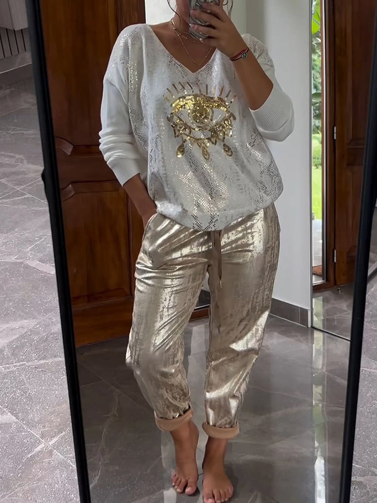 Women’s Two-Piece Outfit | V-Neck Long Sleeve Top & Glitter Pants Set | Spring/Summer