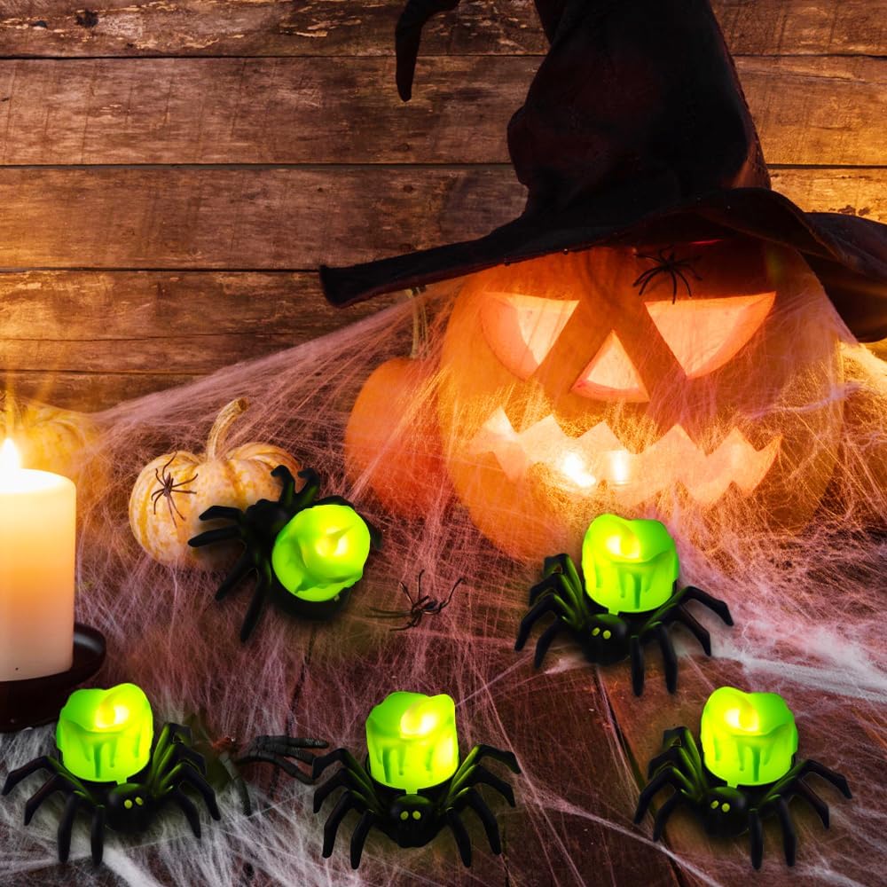 Halloween Spider LED Candle Lights | Flameless Battery Operated | Warm Yellow Glow | Indoor/Outdoor Decoration