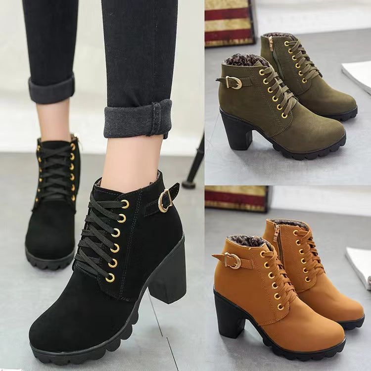 Women’s Chunky Heel Boots | Warm Faux Fur Lining | Non-Slip Sole | PU Leather Design
