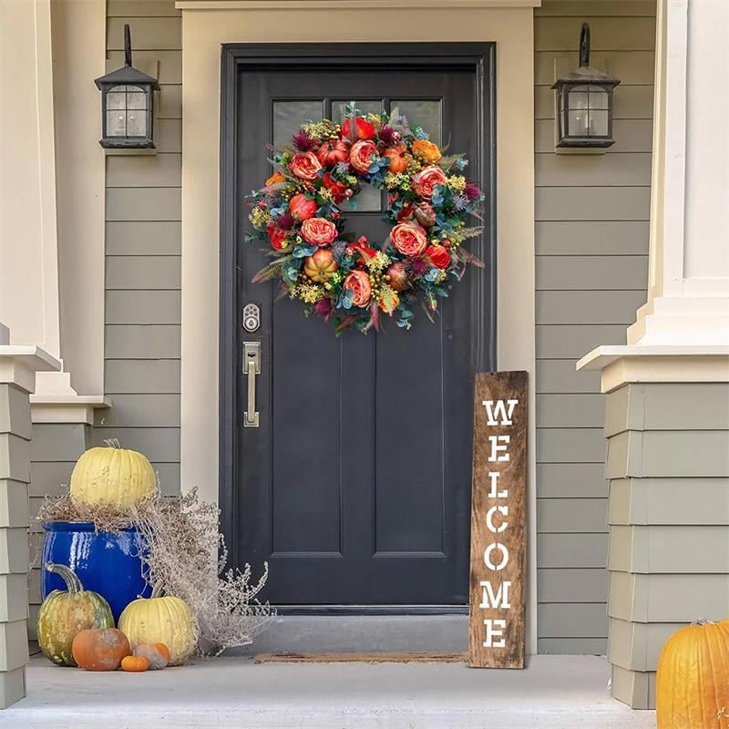 Autumn Door Wreath | Rustic Peony & Pumpkin Design | Handcrafted Fall Decoration