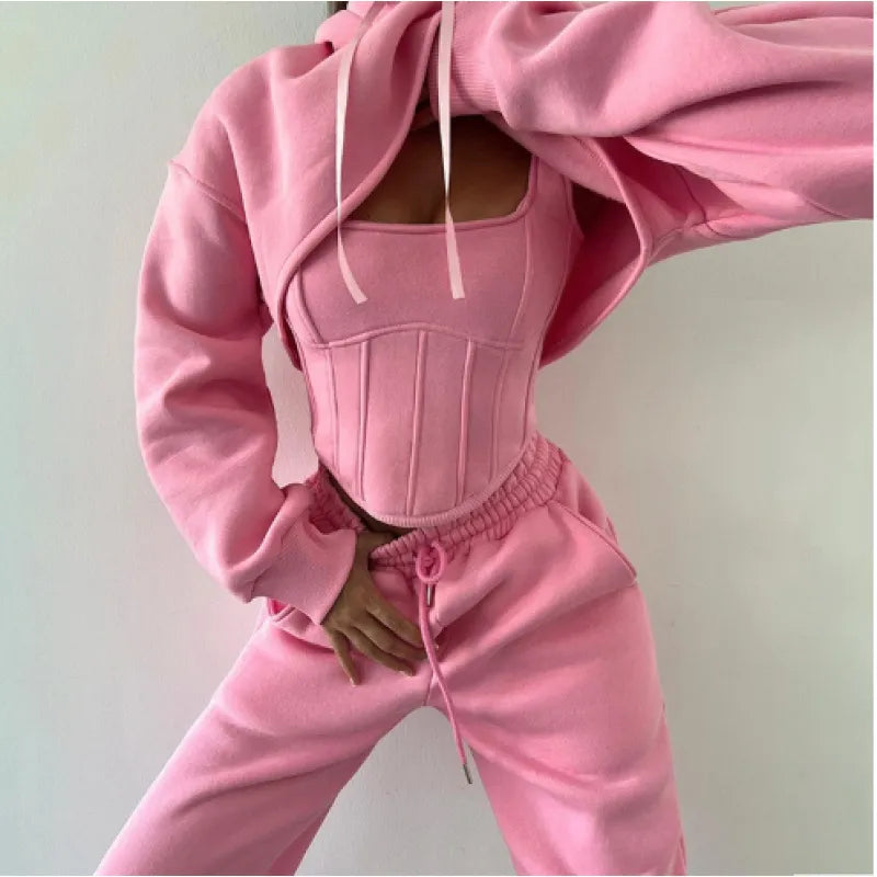 Women’s Three-Piece Lounge Set | Cropped Hoodie, Tank Top & Ankle Pants | Soft Polyester