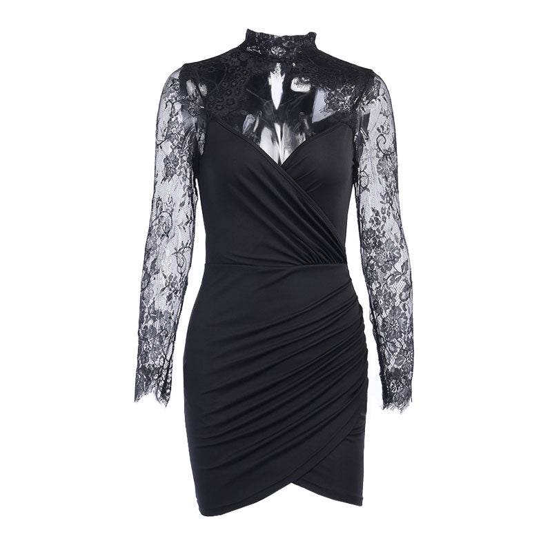 Mini dress with lace trim and high collar