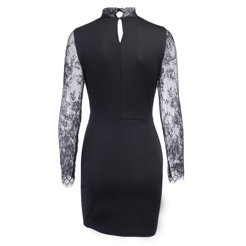 Mini dress with lace trim and high collar