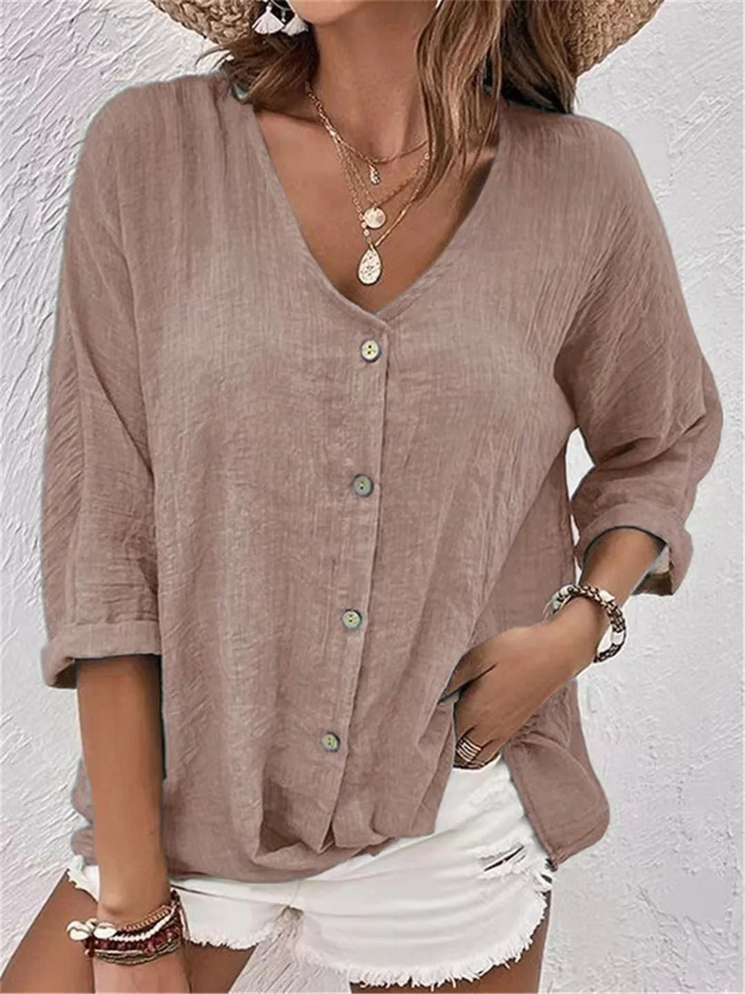 Fayo - Effortless Blouse Top with V-Neck and Button Placket