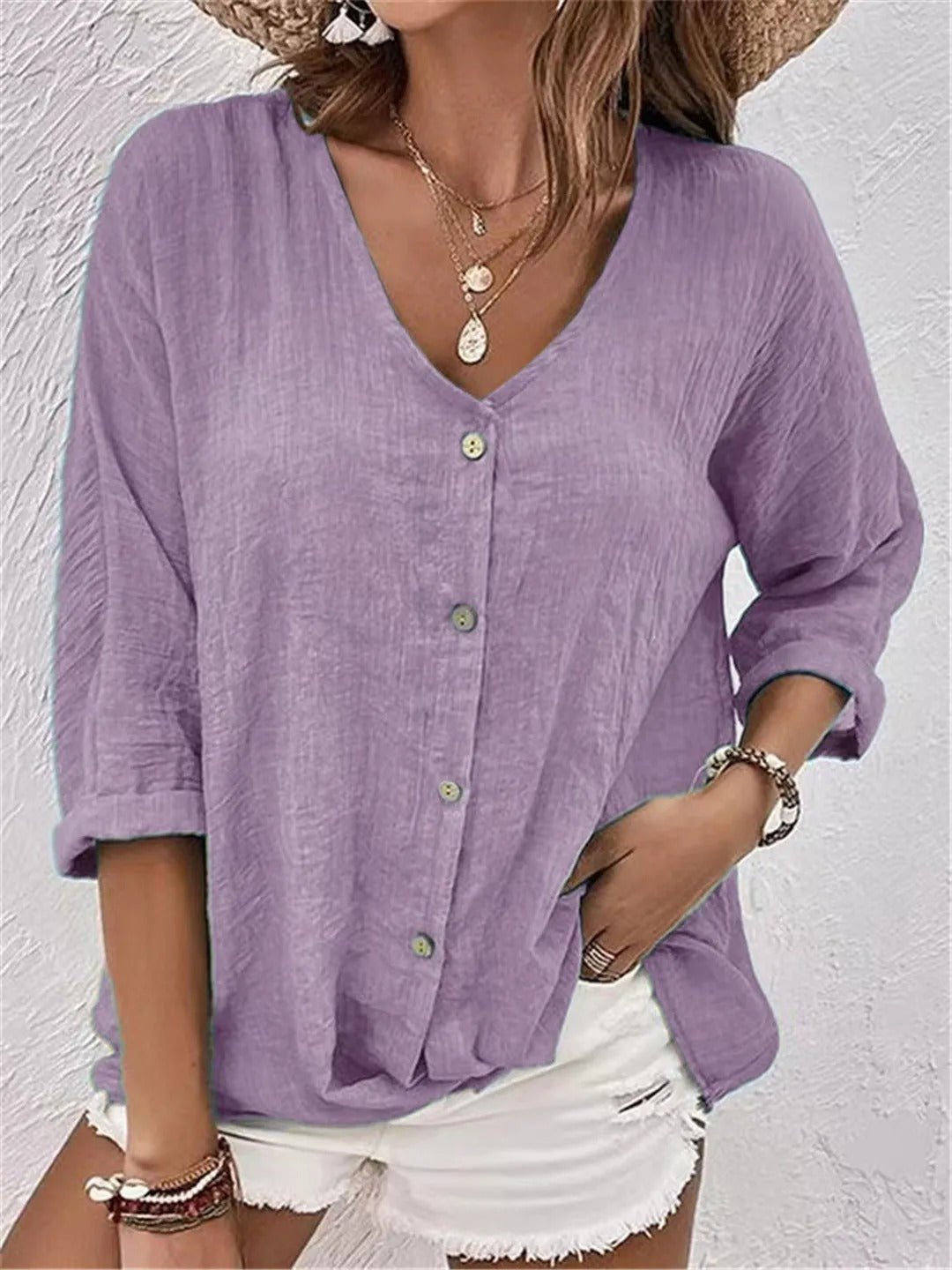 Fayo - Effortless Blouse Top with V-Neck and Button Placket
