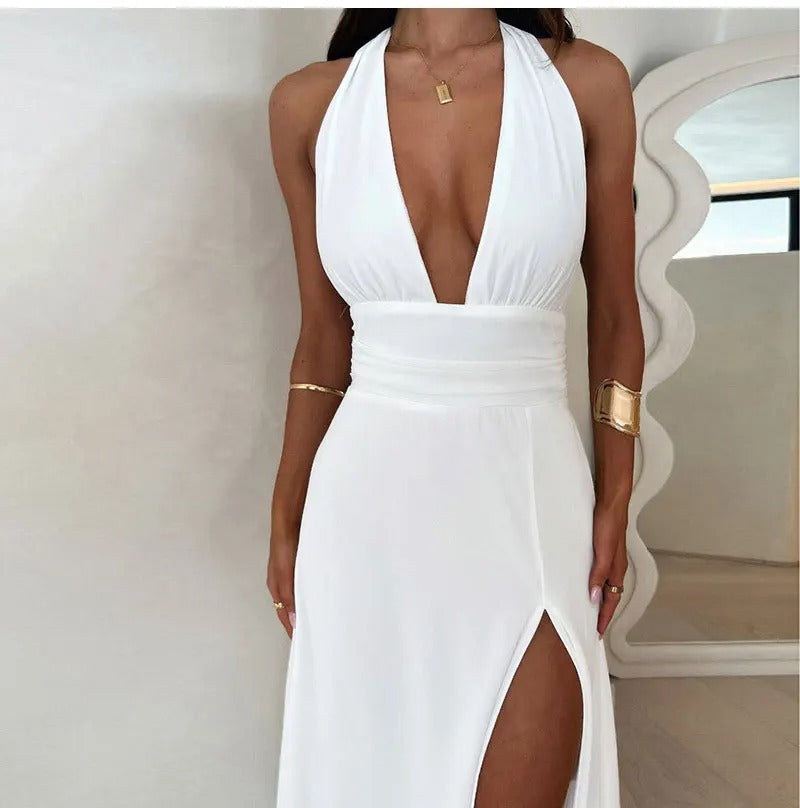 Heidi Fashion | Deep-cut Halter Dress with Slit